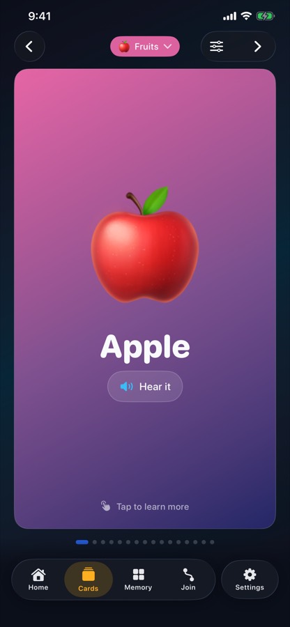 A flashcard showing an apple, with a button to hear the word